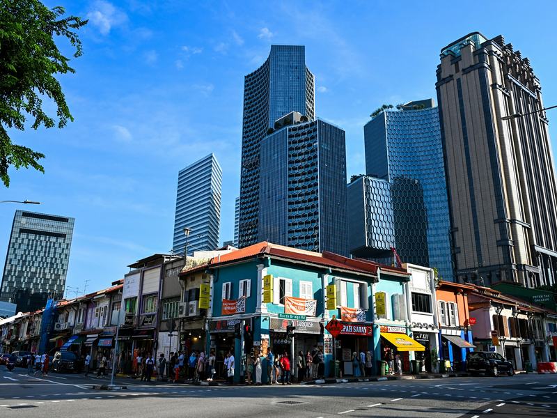 Shophouses in front of Singapore towers
